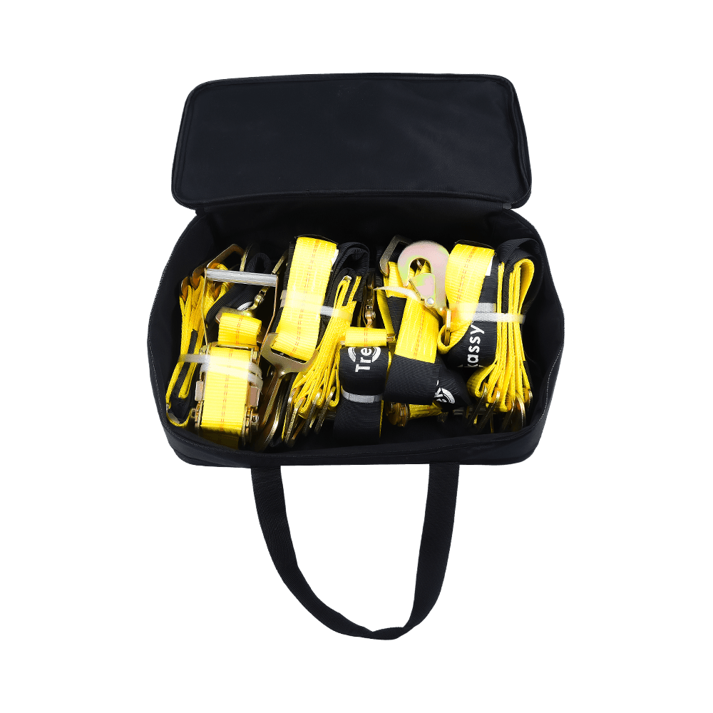 Amarre para automóvil con ganchos a presión - Estilo Lasso - 2 pulgadas x 96 pulgadas - Paquete de 4 - Amarillo clásico - Carga de trabajo segura de 3300 libras