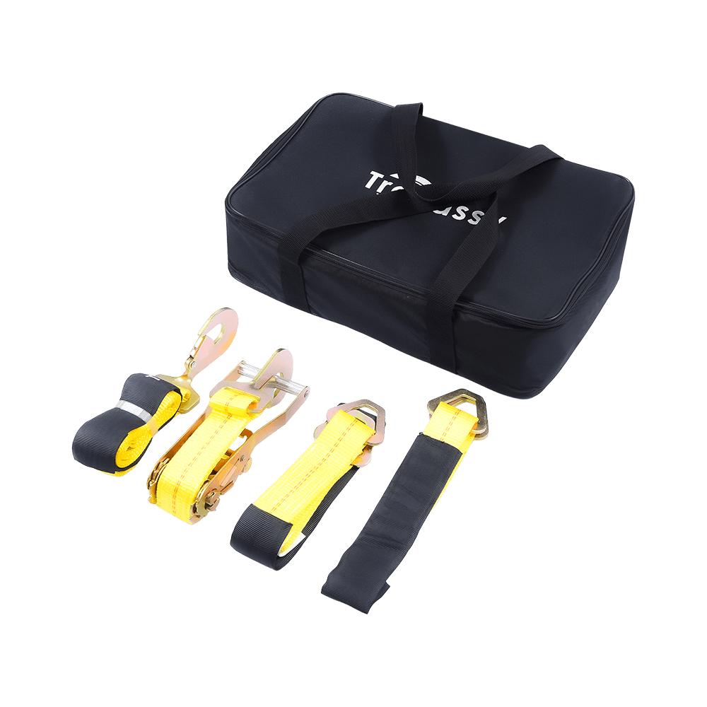 Amarre para automóvil con ganchos a presión - Estilo Lasso - 2 pulgadas x 96 pulgadas - Paquete de 4 - Amarillo clásico - Carga de trabajo segura de 3300 libras