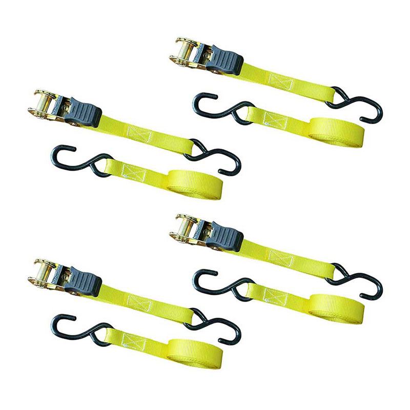 Correa de trinquete con mango para pulgar multicolor de 1'' x 15' con ganchos en forma de S recubiertos de vinilo
